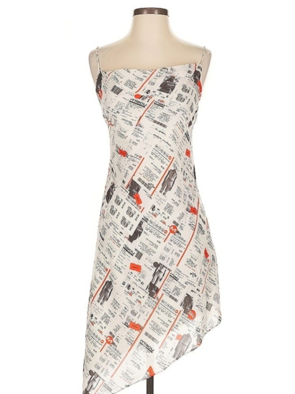 Off White Newspaper Print Asymmetric Slip Dress with Red Accents